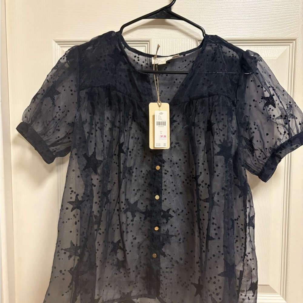 Navy Sheer Star Patterned Women's Top